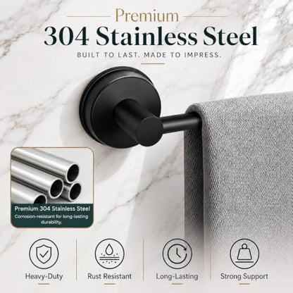 Suction Cup Towel Bar for Bathroom Wall - Matte Black, 14.6-24 Inches