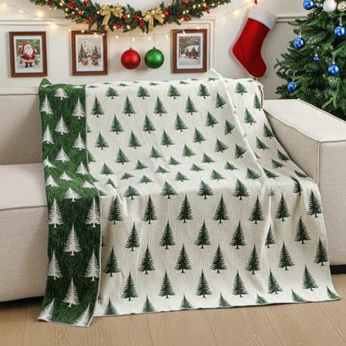 Green Christmas Tree Chenille Throw Blanket 50x60 - Reversible Holiday Decor