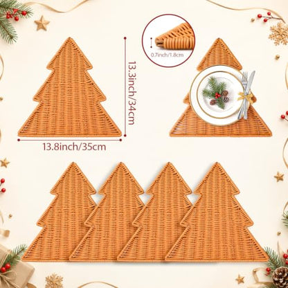 Brown Christmas Tree Placemats Set of 4 - Rattan Woven Holiday Table Decor