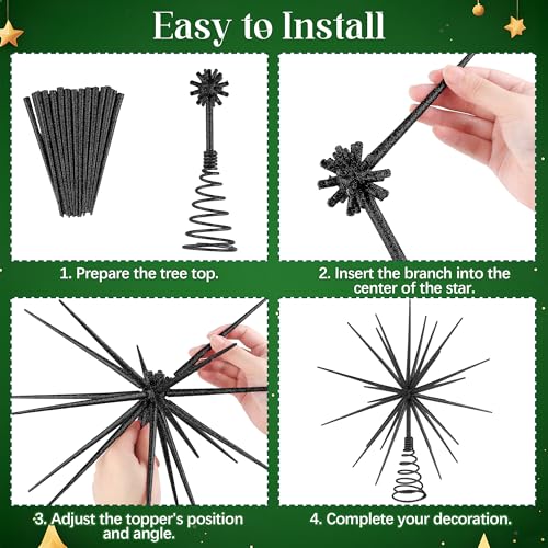 Black Christmas Starburst Tree Topper 13.8 Inch Glittered Burst Decoration