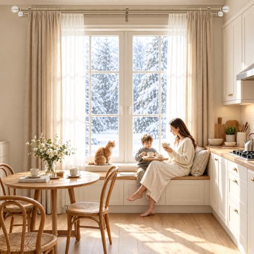 1 Inch Boho Wooden Double Curtain Rods for Windows 36-120 Inches - Adjustable