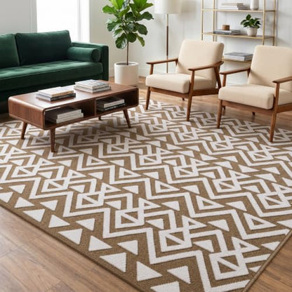 Soft 5x8 Geometric Shaggy Area Rug for Living Room & Bedroom - Non Slip Beige