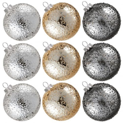 Glass Christmas Ball Ornaments Set of 9 - White, Grey, Gold, Sparkling Textured Decor