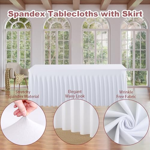 White Spandex Table Cloths 3 Pack for 6ft Rectangle Tables with Skirt - Wrinkle-Free Fitted Cover Set