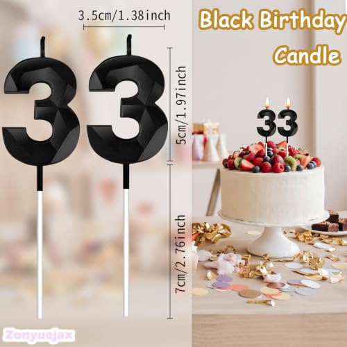 Black 33 Birthday Candles for Cake - 2 Pcs 33 Number 3 Decorative Toppers