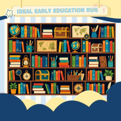 Colorful Bookworm Area Rug 5x7 for Kids' Reading Nook Bedroom Living Room - Non-Slip