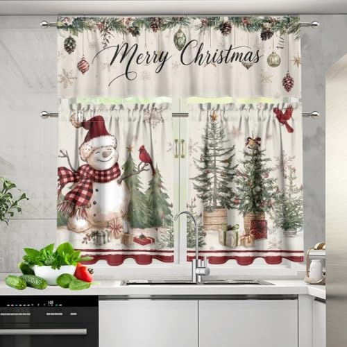 Christmas Snowman Kitchen Curtain Set with Valance and Panels - Variation of Xmas Snowman Cardinal / 27.5"W x 24"L