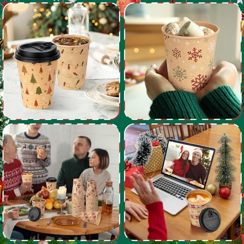 Christmas Disposable Paper Cups with Lids 12oz - 100 Pcs Holiday Party Supplies