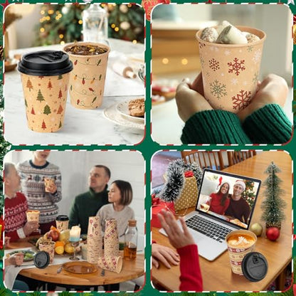 Christmas Disposable Paper Cups with Lids 12oz - 100 Pcs Holiday Party Supplies