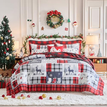Christmas Gingham Bedding Set with Comforter Sheets Pillowcases Queen 7 Pieces - Red Gray Deer Snowflake