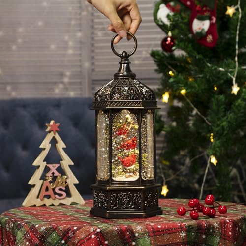 Hexagon Lighted Musical Snow Globe Lantern with Red Cardinals - Indoor Holiday Decor