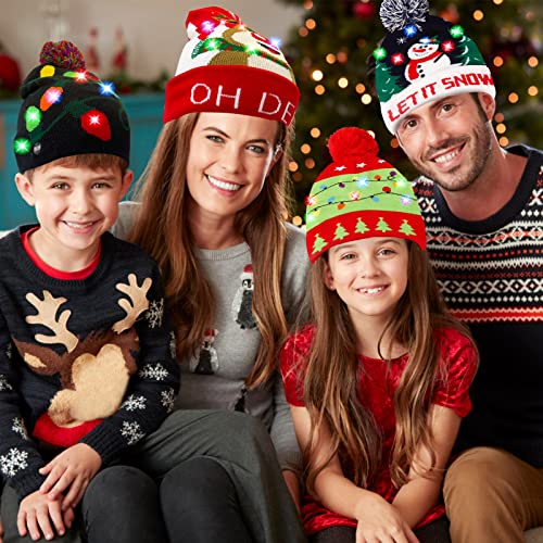 4 Pack Christmas LED Beanie Hat with Colorful Flashing Lights - Holiday Xmas Party Wear