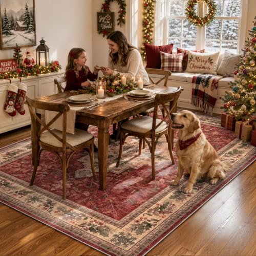 Christmas Rug 5x7 Red Washable Holiday Rug for Living Room & Bedroom - Vintage Design