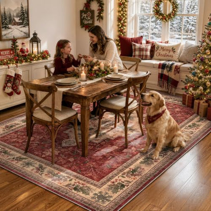 Christmas Rug 5x7 Red Washable Holiday Rug for Living Room & Bedroom - Vintage Design