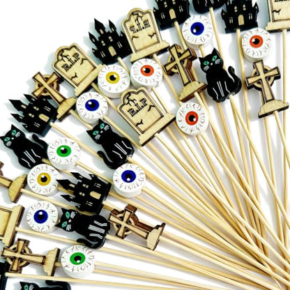 Black Halloween Cocktail Picks 100pcs Eyeball Tombstone Castle Design Party Toothpicks