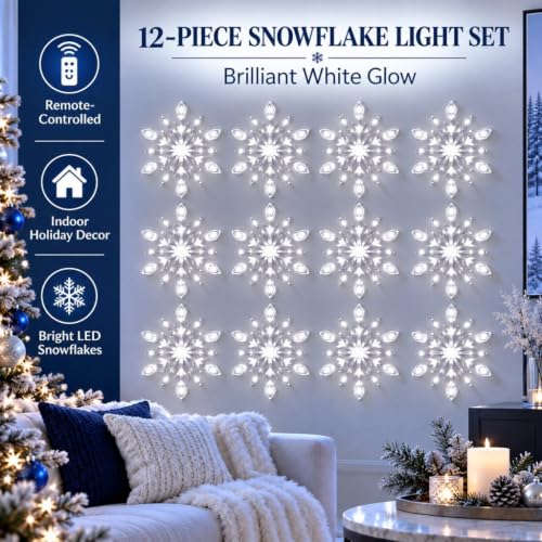 LED Snowflake Wall Decor Set with Remote Control - White, 12 Pieces - Christmas Holiday Lighting
