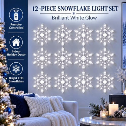 LED Snowflake Wall Decor Set with Remote Control - White, 12 Pieces - Christmas Holiday Lighting