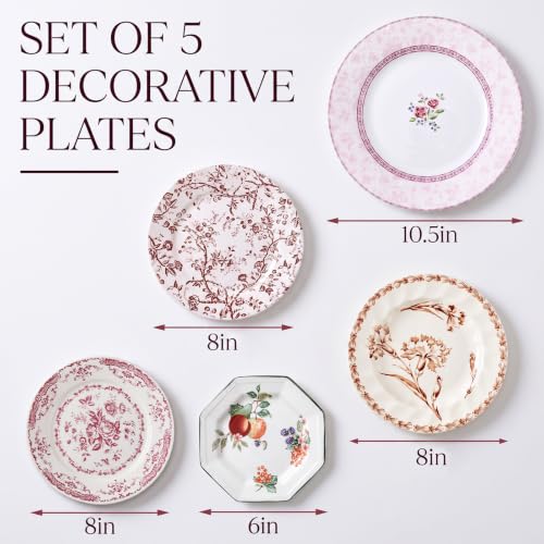 Yiyiring 5-Piece Vintage Ceramic Wall Sculpture Plate Set - Floral Red & White