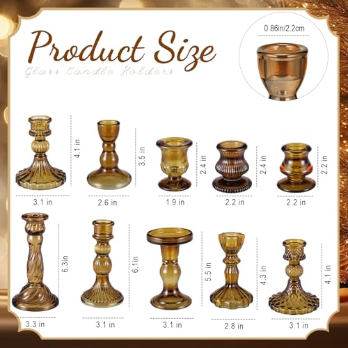 10 Pack Glass Candle Holders Crystal Taper Candlestick Set Brown Classic