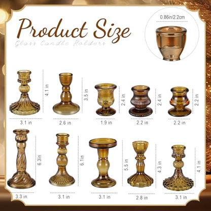 10 Pack Glass Candle Holders Crystal Taper Candlestick Set Brown Classic