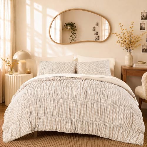 Ash Tan Gingham Queen Comforter Set - 3 Piece Ruched Bedding