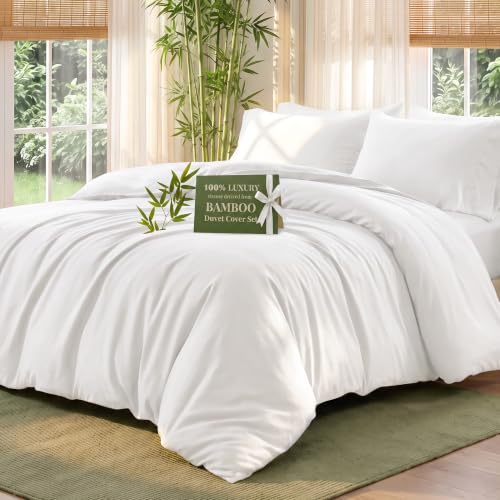 Queen Size Duvet Cover Set - 100% Rayon Derived from Bamboo, Love's Cabin White