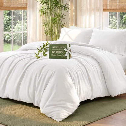 Queen Size Duvet Cover Set - 100% Rayon Derived from Bamboo, Love's Cabin White