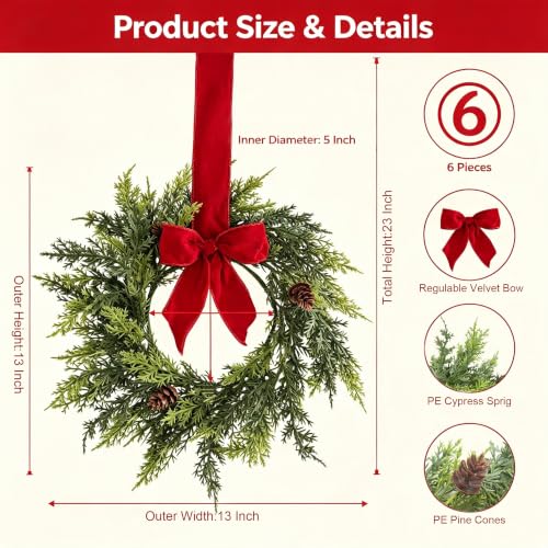 Mini Christmas Wreath Set with Red Velvet Bow - 6 Pcs Holiday Decor