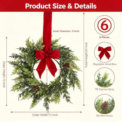 Mini Christmas Wreath Set with Red Velvet Bow - 6 Pcs Holiday Decor