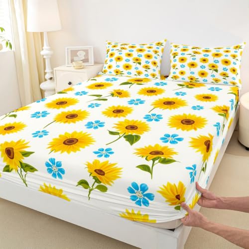 Kids Sunflower Bed Sheets Set King Size Yellow Blue Deep Pocket Microfiber