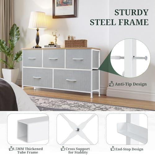 5-Drawer Dresser for Bedroom, Anti-Tip Wide Storage Organizer Fabric Chest of Drawers TV Stand for 45" TV with Wooden Top and Metal Frame for Closet, Living Room, Hallway, Entryway, Light Gray
