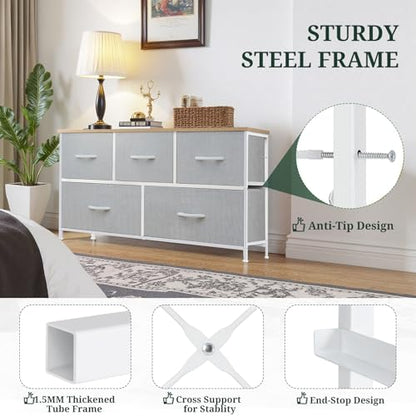 5-Drawer Dresser for Bedroom, Anti-Tip Wide Storage Organizer Fabric Chest of Drawers TV Stand for 45" TV with Wooden Top and Metal Frame for Closet, Living Room, Hallway, Entryway, Light Gray