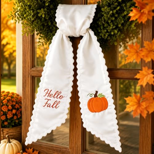 Fall Wreath Sash with Embroidered Pumpkin and Hello Fall Banner - 55.1" x 4.7"