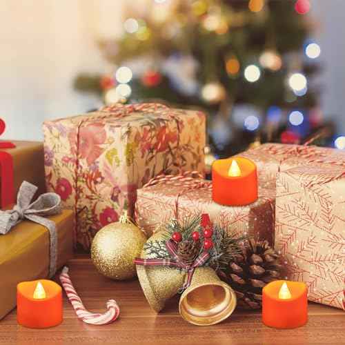 12 Pack Orange Tea Lights Battery Operated, Flameless Flickering Halloween LED Votive Tealight Candle, Outdoor Battery Flicker Electric Fake Candles Bulk for Pumpkin Christmas Fall Decorations