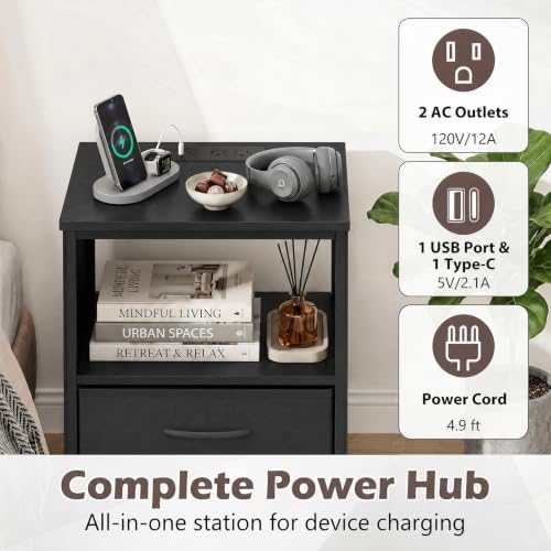 GIANTEX 39" Bedside Table with Integrated Charging Station - Black, 5-Drawer