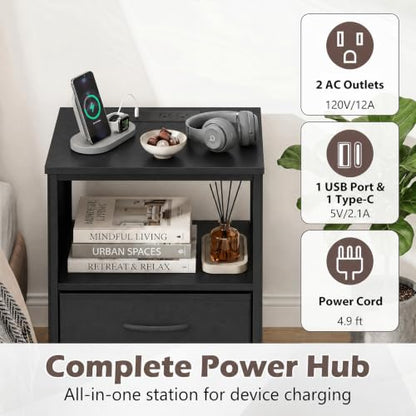 GIANTEX 39" Bedside Table with Integrated Charging Station - Black, 5-Drawer