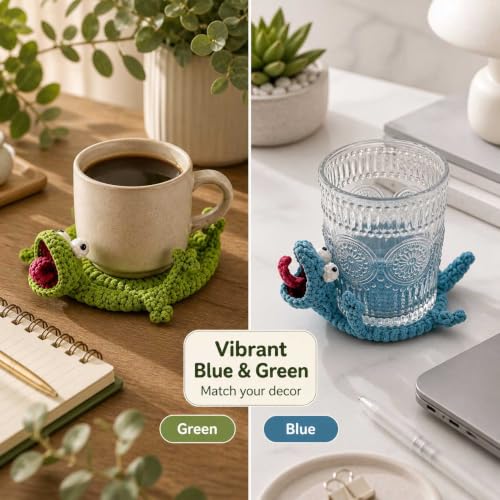 2PCS Crochet Lizard Coaster Set - Green Handmade Animal Mug Rugs