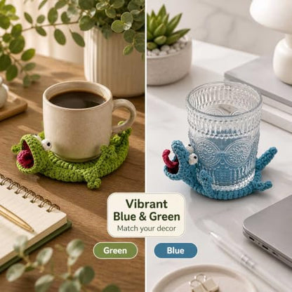 2PCS Crochet Lizard Coaster Set - Green Handmade Animal Mug Rugs