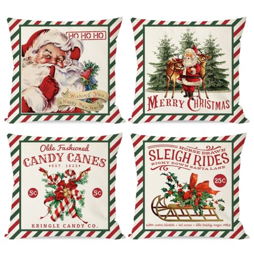 Christmas Pillow Covers 18x18 Set of 4 - Green Red Stripe, Farmhouse Decor