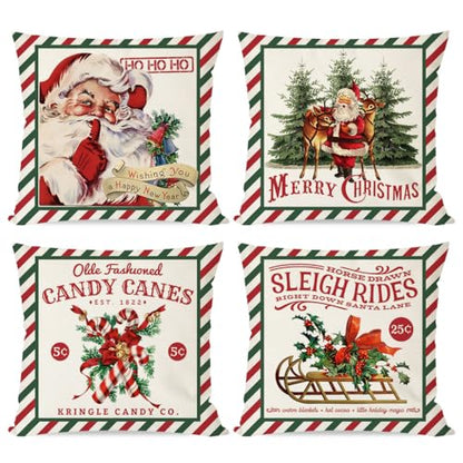Christmas Pillow Covers 18x18 Set of 4 - Green Red Stripe, Farmhouse Decor