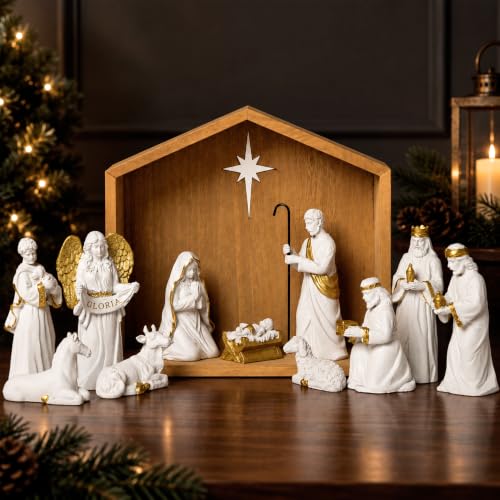 White 12-Piece Nativity Scene Set with Wooden Stable - Religious Holiday Decor