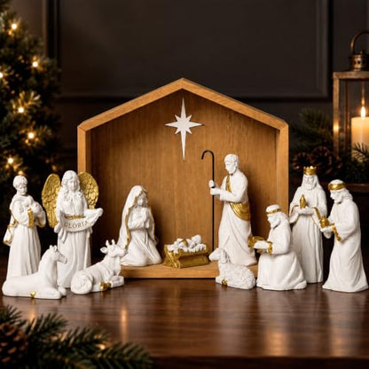 White 12-Piece Nativity Scene Set with Wooden Stable - Religious Holiday Decor