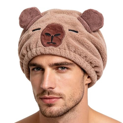 Light Brown Animal-Shaped Hair Towel with Ears, Soft Coral Fleece, Versatile & Absorbent