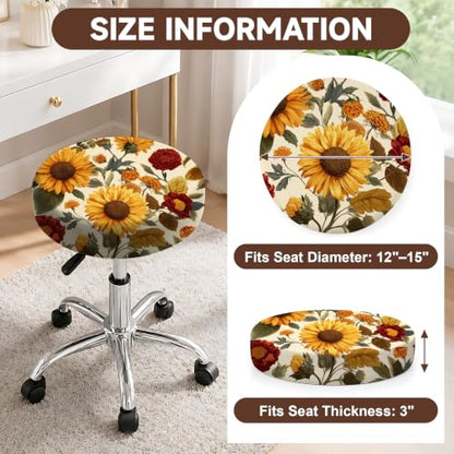 Sunflower Floral Round Stool Cover 12-15 Inch Fits Bar & Kitchen Seats - 2PCS