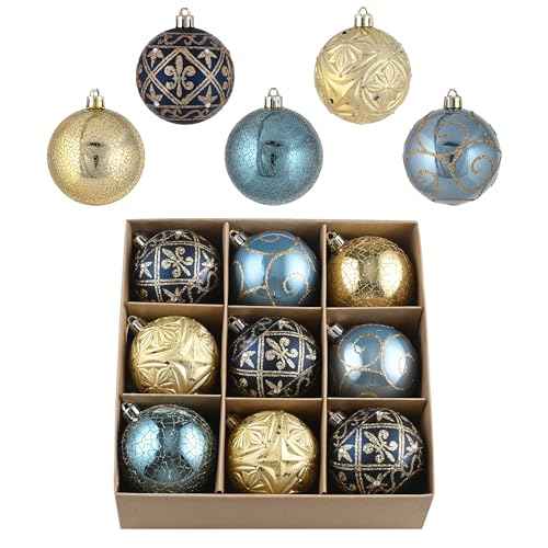 Valery Madelyn Christmas Ball Ornaments, 9ct Blue and Gold Shatterproof Christmas Tree Decorations Set, 2.76 Inches Luxury Hanging Ornaments for Xmas Trees Bulk Holiday Decor