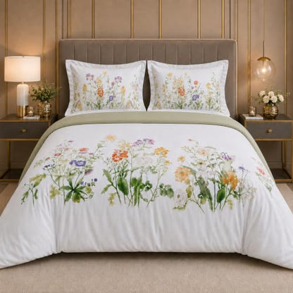 Reversible Queen Duvet Cover Set with Cooling TENCEL & Brushed Cotton - Wildflower Meadow Sage Green, 3 Pieces