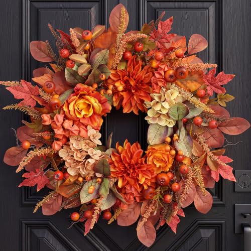 Autumn Harvest Wreath for Front Door - 26 Inch Fall Decor with Orange Dahlias & Maple Leaves