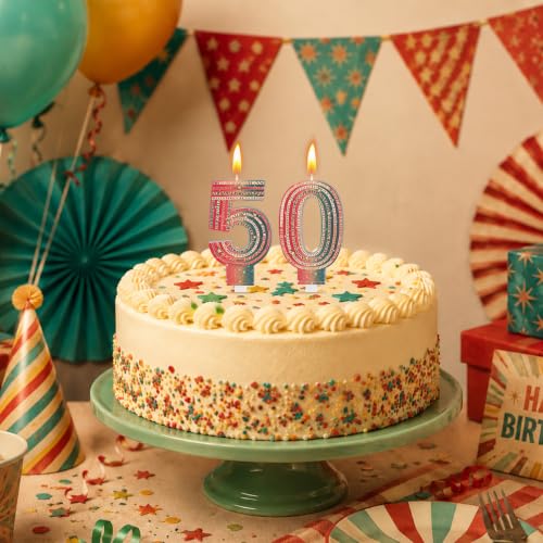 Retro Colorful Number Birthday Candles 50 - 2 Pcs Party Cake Decorations