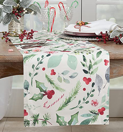 Christmas Foliage and Candy Canes Table Runner 16x90 Inch Holiday Decor