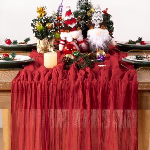 Red Cheesecloth Table Runners 2 Pack - Boho Farmhouse Style, 35x120 Inches